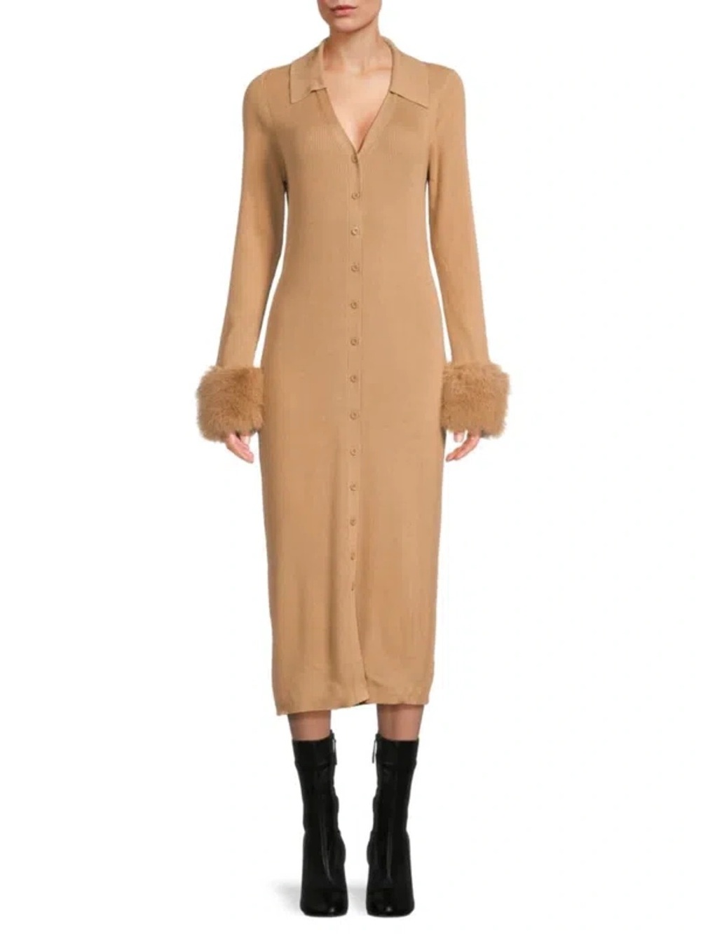 Saks Fifth Avenue Women's Faux Fur Cuff Maxi Sweater Dress In Hazelnut Large NWT